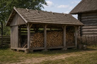 A traditional wooden woodshed with open plank walls, stacked firewood, and a broad rain-shedding roof