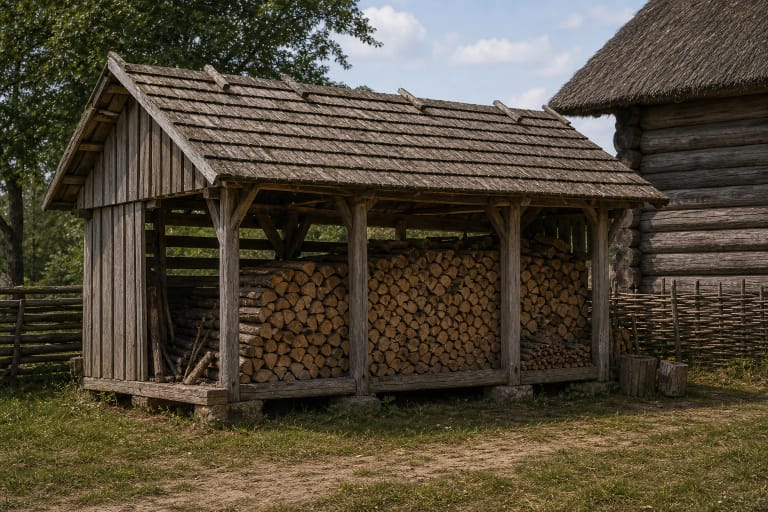 A traditional wooden woodshed with open plank walls, stacked firewood, and a broad rain-shedding roof