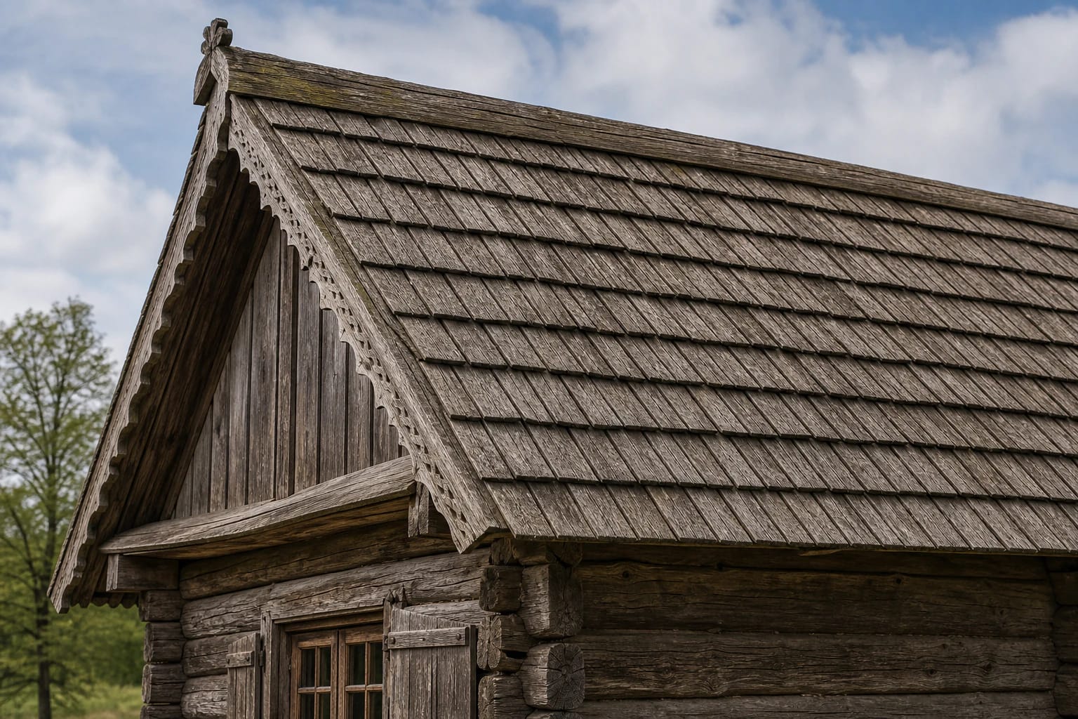 A traditional wooden roof covered with malksnos, skiedros, and gontai, showing layers, ridge, and a wooden house