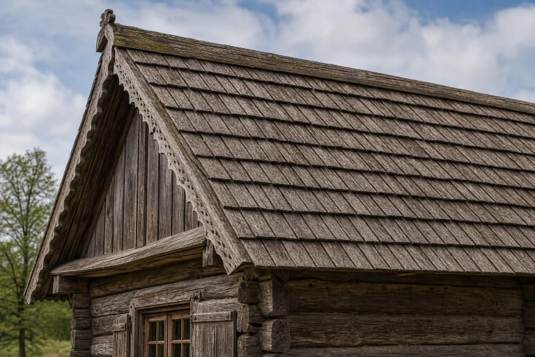 A traditional wooden roof covered with malksnos, skiedros, and gontai, showing layers, ridge, and a wooden house