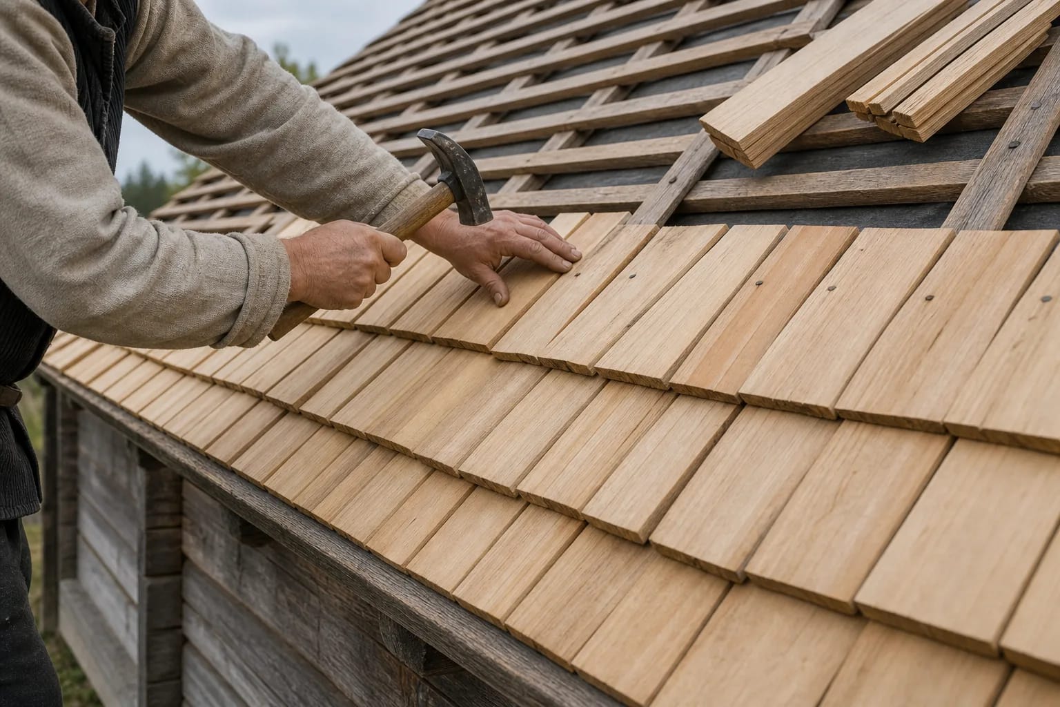 Wooden shingles are laid in rows with even overlap.
