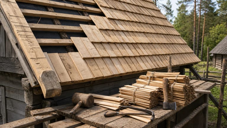 Traditional Lithuanian wooden shingle roof with overlapping malksnos, battens, ridge, wooden tools, and shingle-making equipment