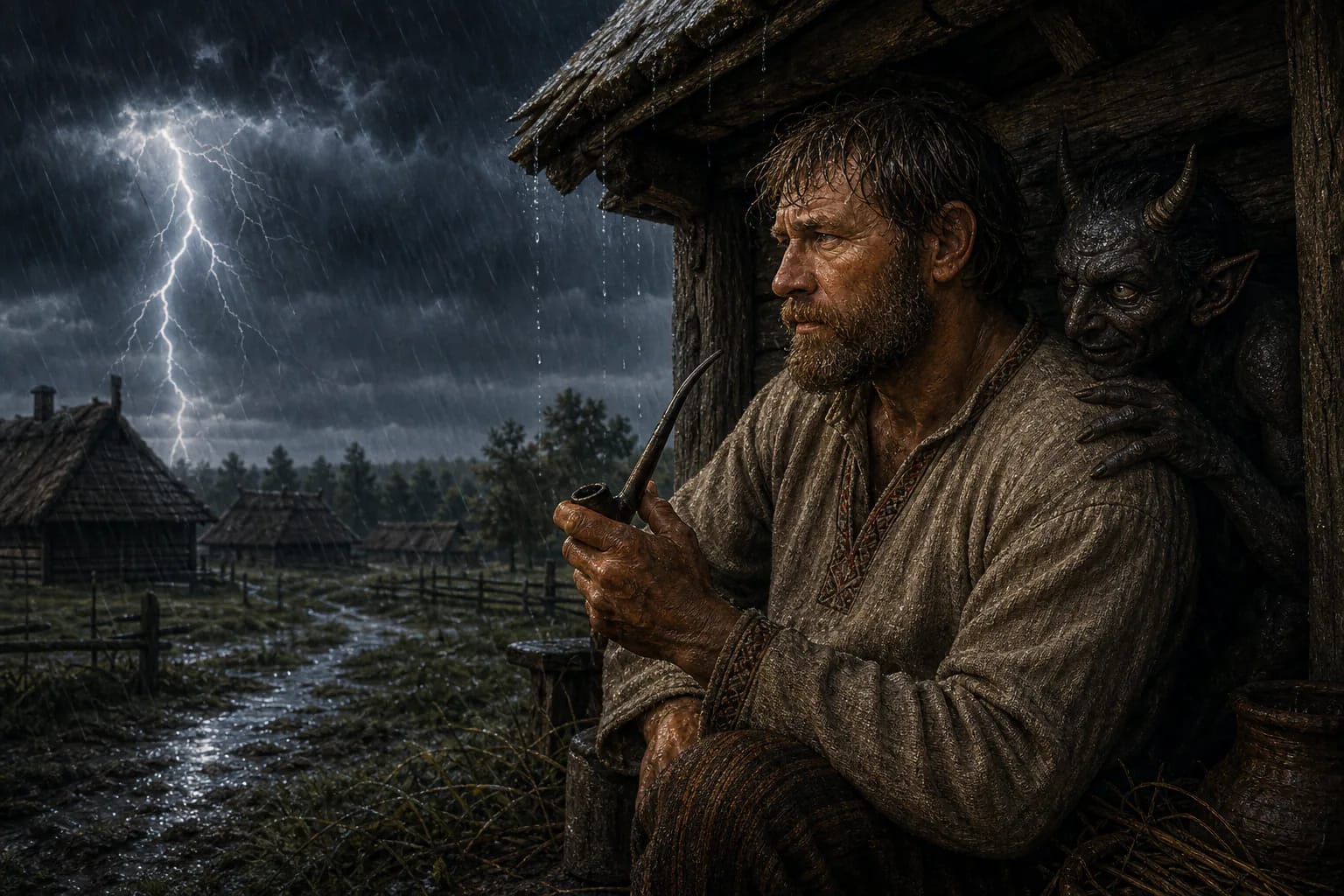 During a thunderstorm a man with a pipe notices a crouching Velnias under the eaves of an old house