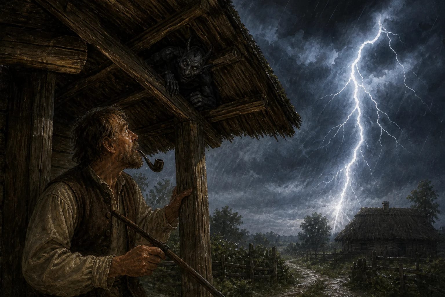 He Will Strike Me, but Kill You visual interpretation with storm, Velnias under the eaves, strike of Perkūnas motifs