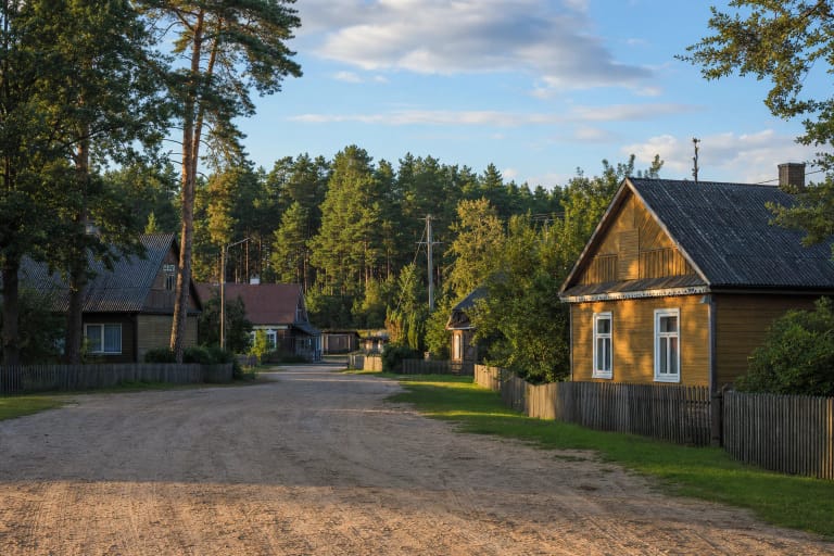 Marcinkonių kaimo smėlėtas kelias, mediniai namai ir Dzūkijos pušynas