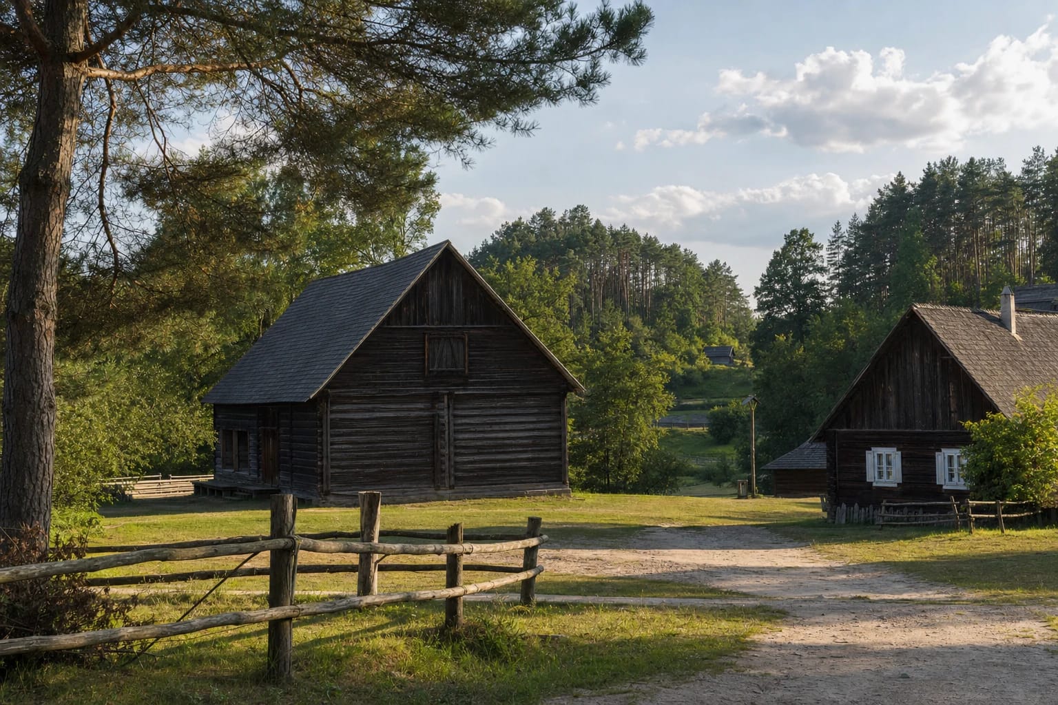 Wooden buildings, sandy road, and pine forest edge in Margionys village