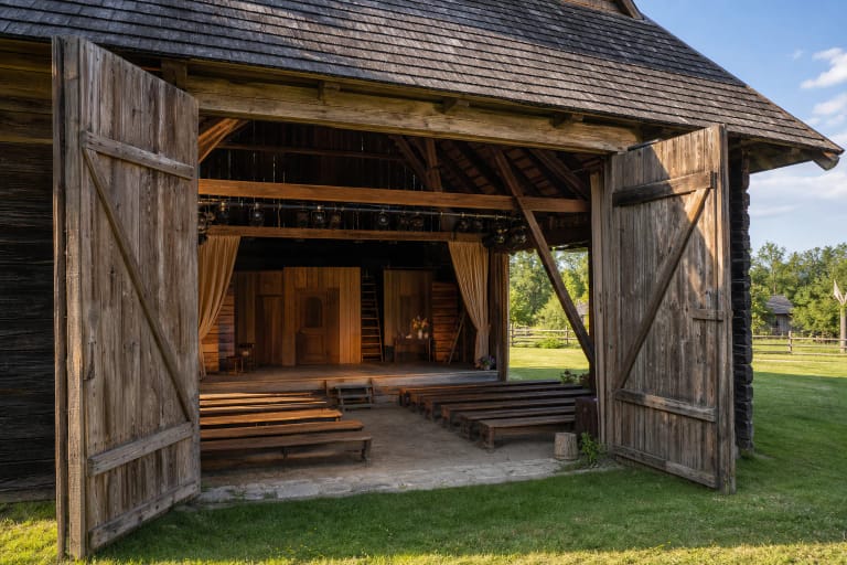 Margionių klojimo teatro medinis klojimas Dzūkijos kaime, paruoštas vasaros spektakliui