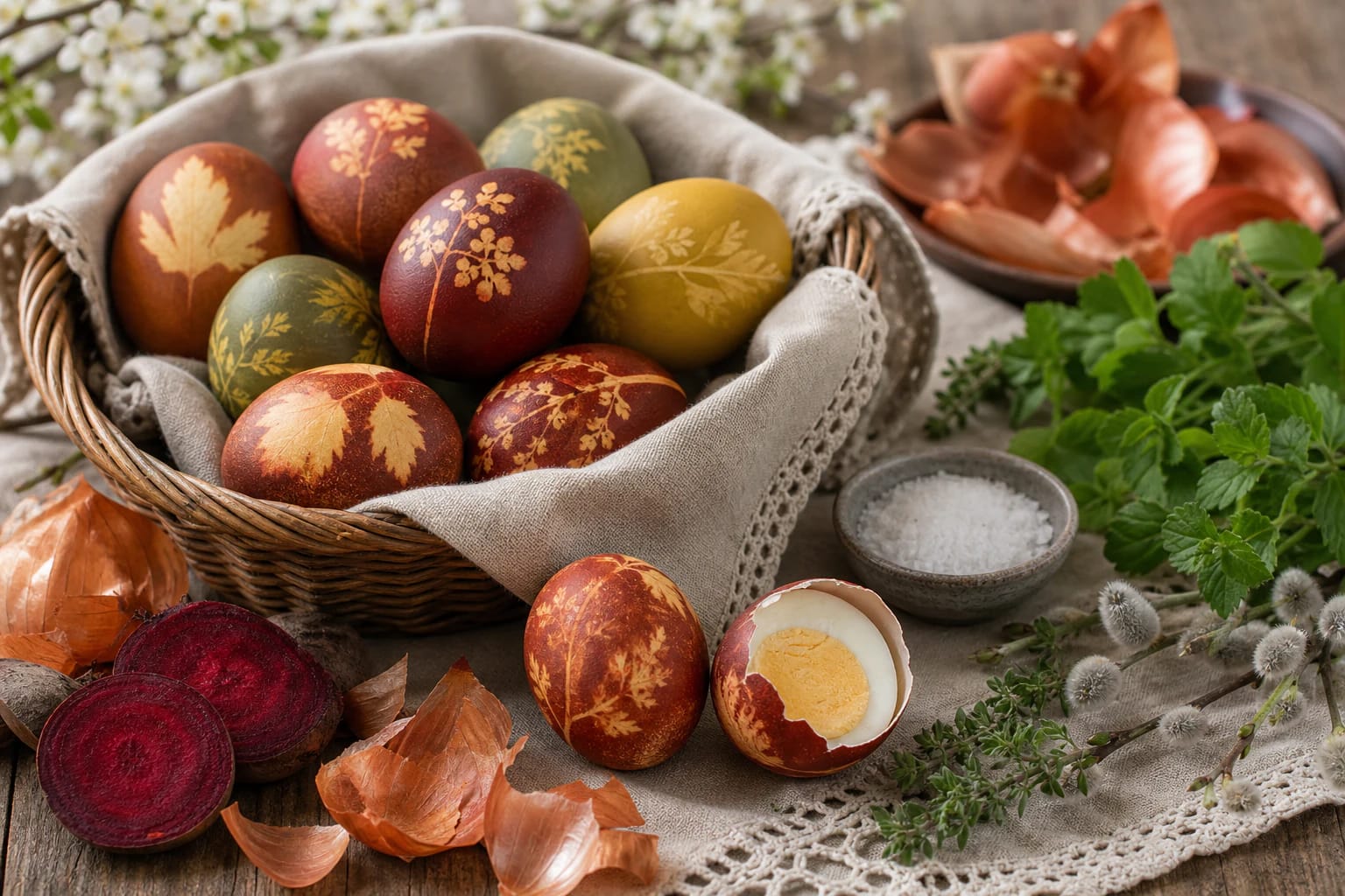 Wax-decorated and scraped margučiai on an Easter plate with salt, horseradish, and a linen napkin
