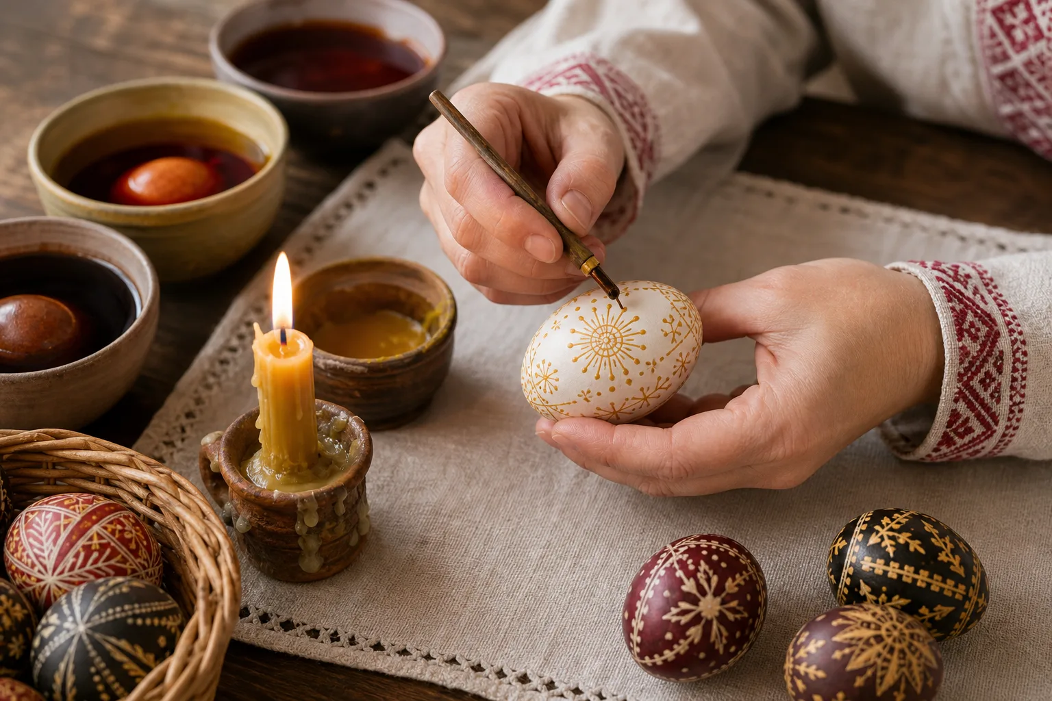 Wax dots and lines form a traditional Easter egg pattern.