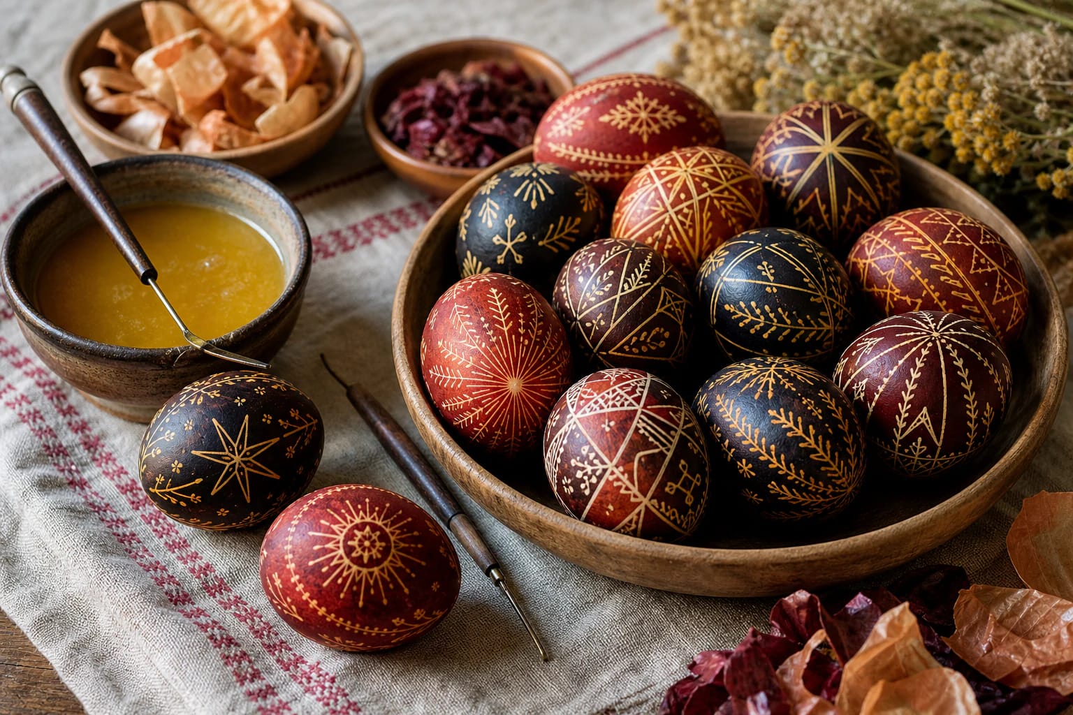 Lithuanian margučiai decorated with wax and scratching, plant dyes, sunbursts, stars, leaves, and Easter egg games