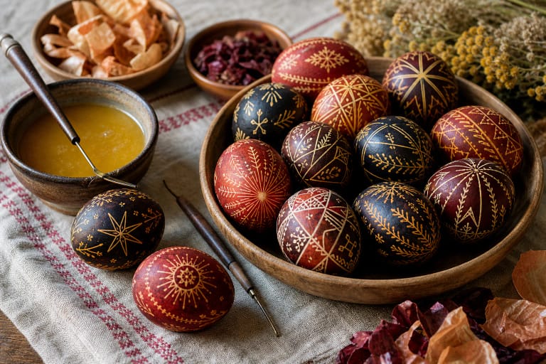 Литовские яйца-маргучяй с узорами, выполненными воском и выскабливанием