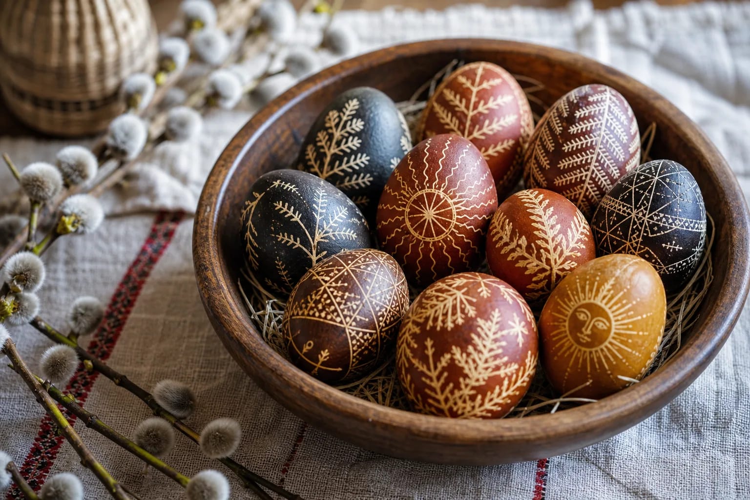 Naturally dyed Lithuanian decorated eggs in a wooden bowl on a spring table.