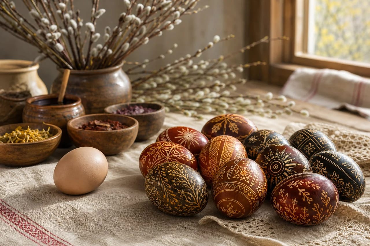 Lithuanian margučiai decorated with sun and plant patterns as Easter symbols of life