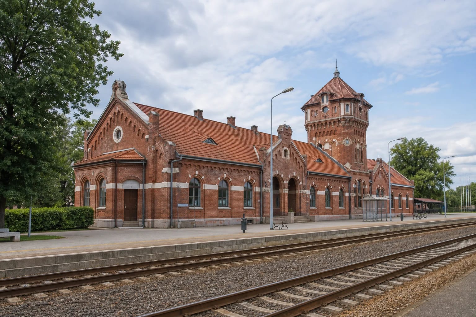 Ornate red-brick Marijampolė Railway Station palace with a prominent water-tower volume