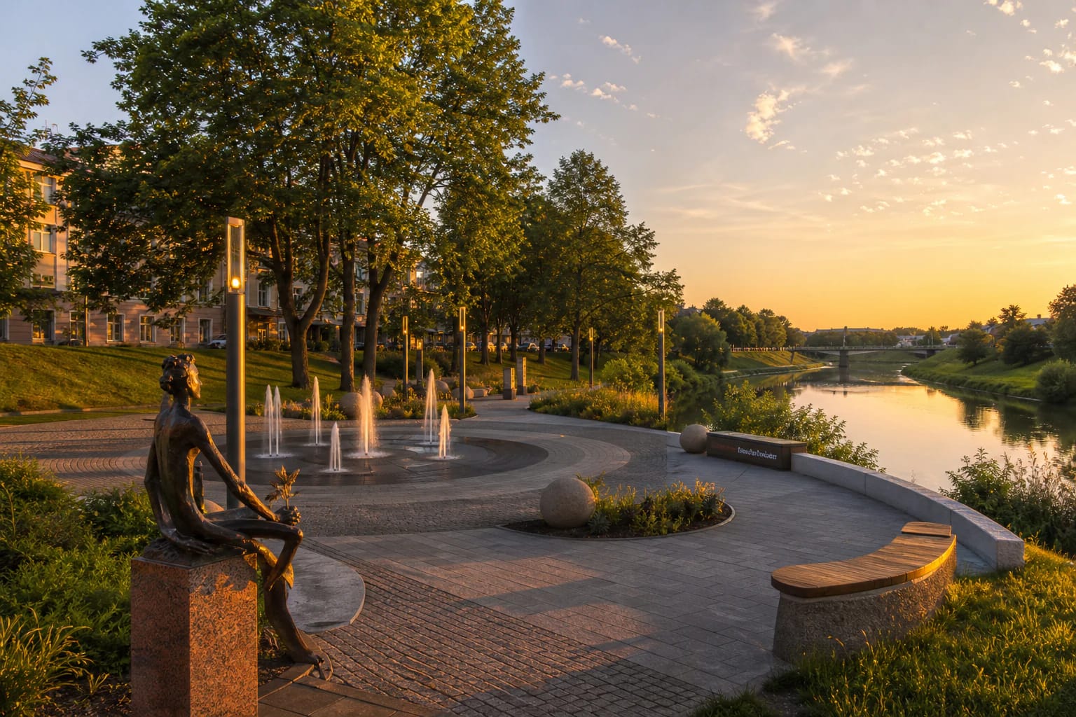 Paths, fountains, Šešupė riverbank, and evening lighting in Marijampolė Poetry Park