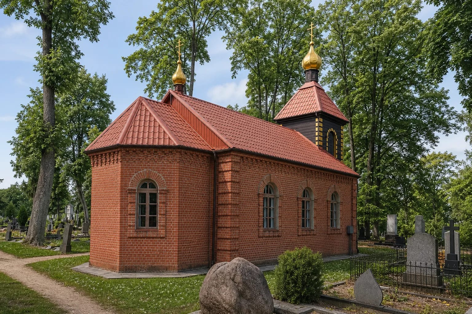 Red-brick Marijampolė Orthodox Church of the Holy Trinity with a timber belfry, gold cupolas, and trees of the old cemetery
