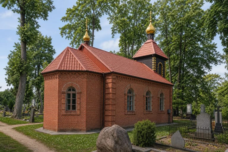 Краснокирпичная православная церковь Святой Троицы в Мариямполе с деревянной звонницей, золотистыми куполами и деревьями старого кладбища