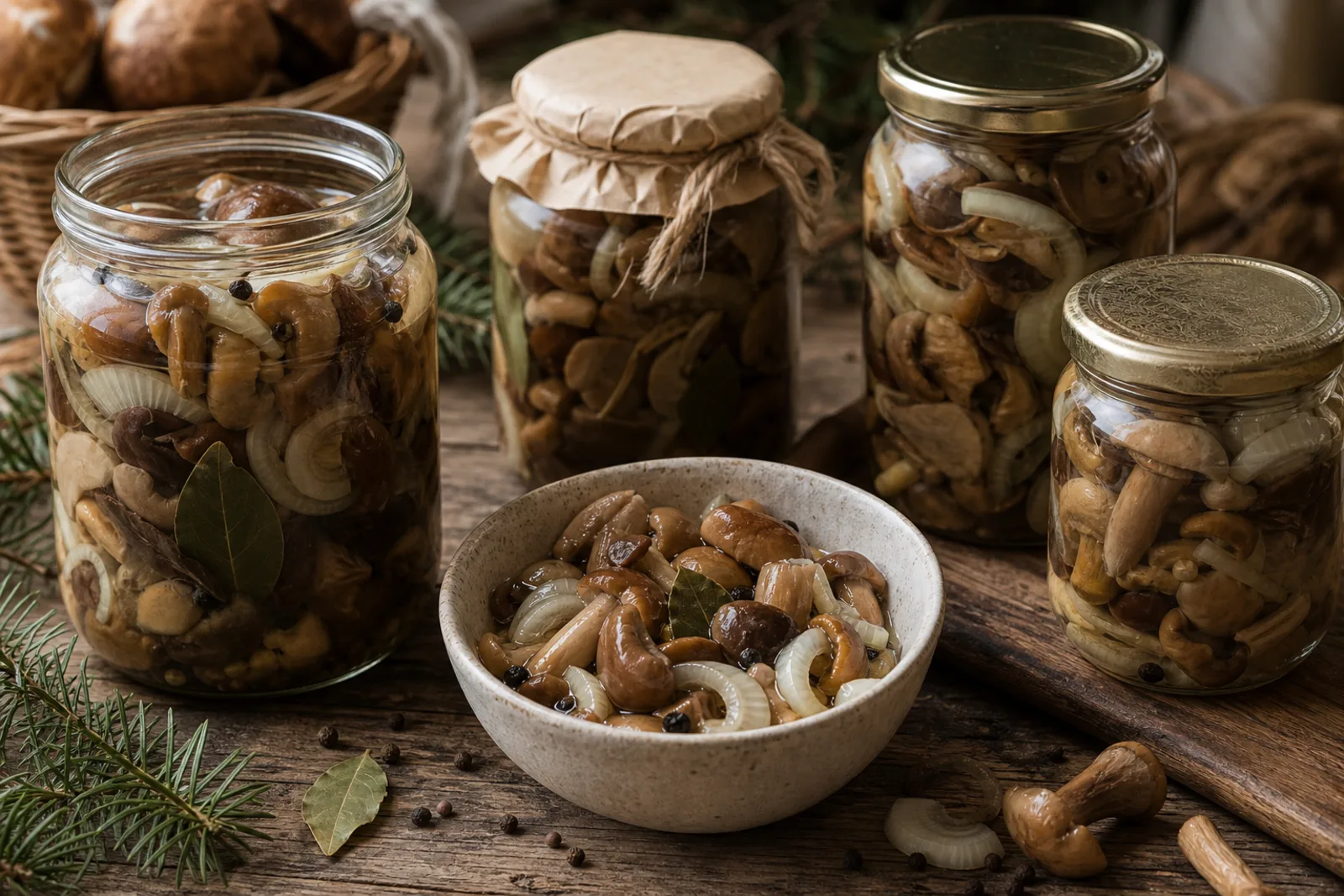 Marinuoti grybai: wild mushrooms preserved with vinegar and spices in a Lithuanian traditional food context