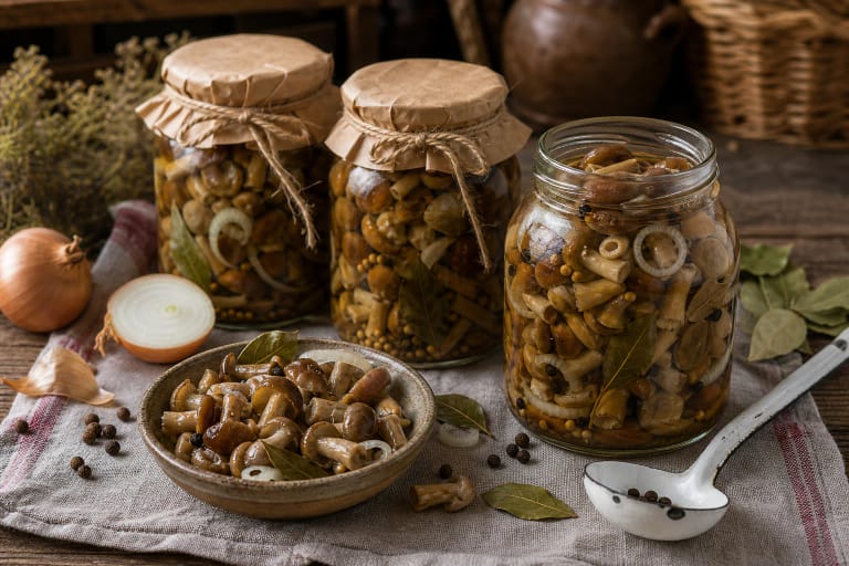 Банки с маринованными лесными грибами, лавровым листом, перцем и ржаным хлебом