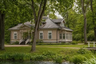 Nineteenth-century wooden Markučiai Manor residence surrounded by parkland in Vilnius