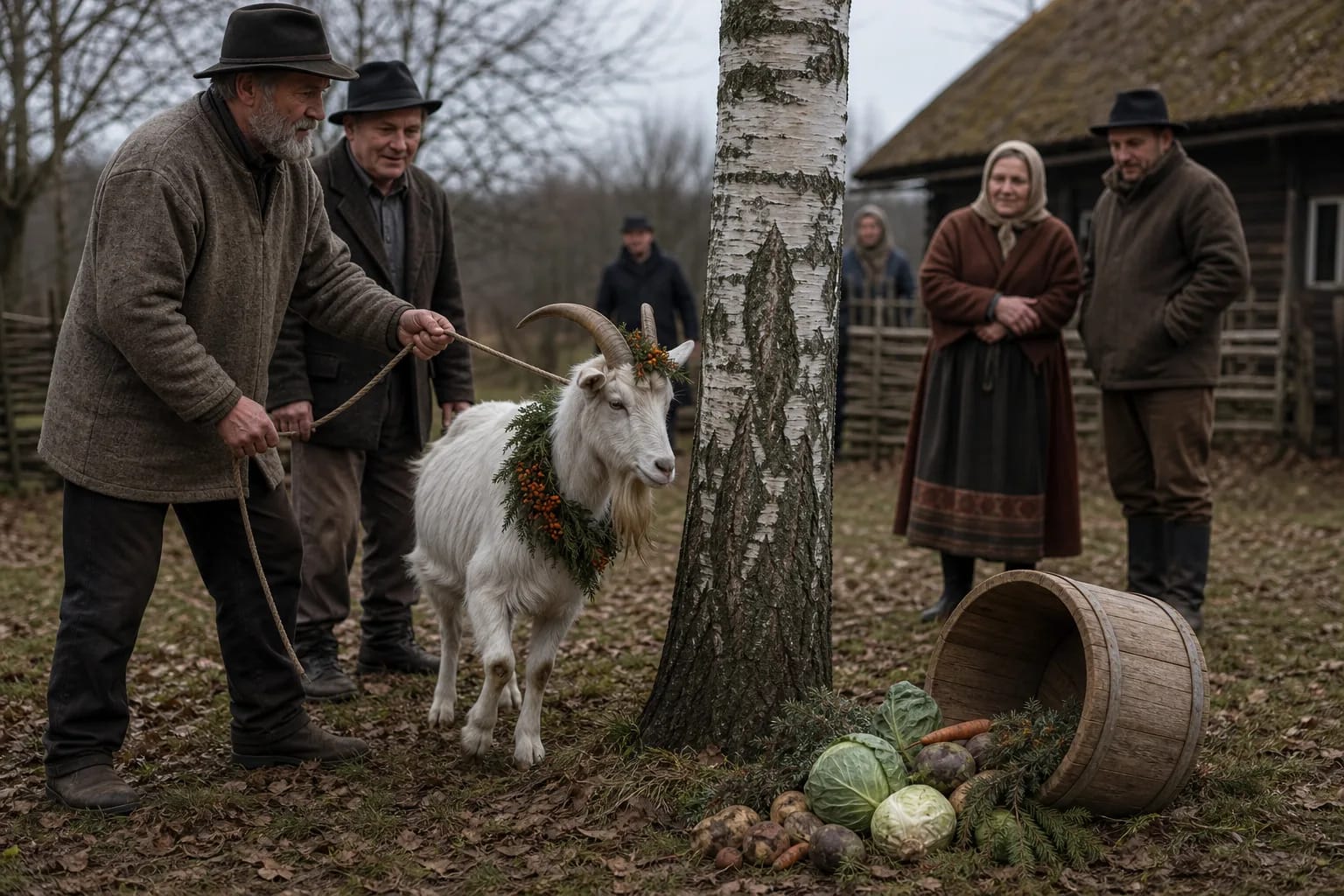 A white goat being led around a birch on Martynines Goat Day