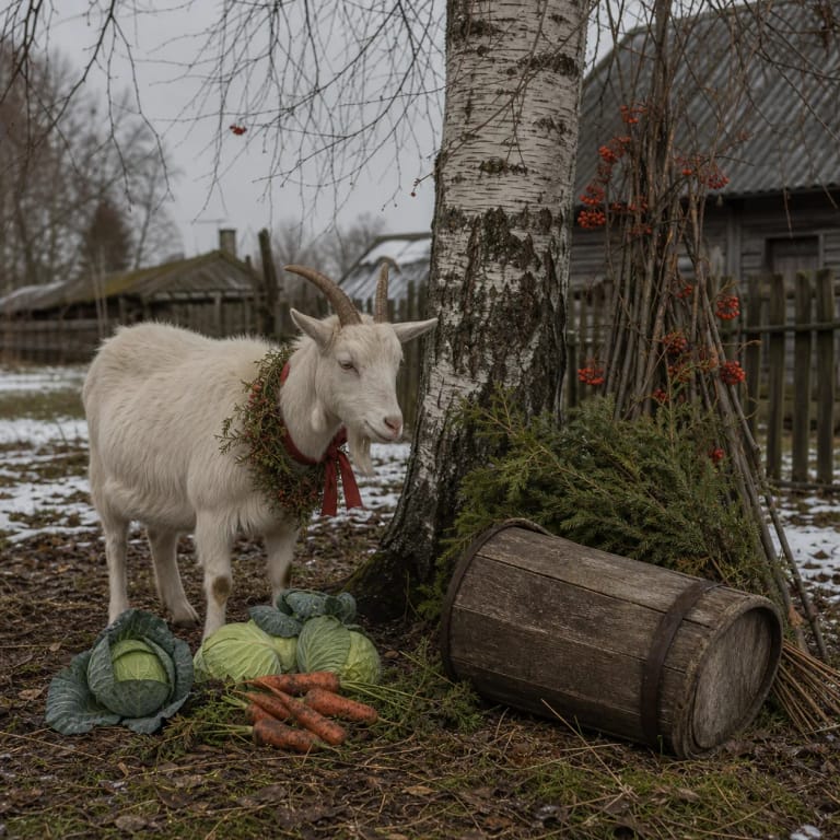 Martynines Goat Day with a white goat by a birch, cabbages, carrots, rowan and juniper sticks, and an overturned tub