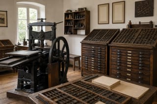 Martynas Jankus Museum printing-house exhibition with an old printing press, type cases, and paper in Bitėnai