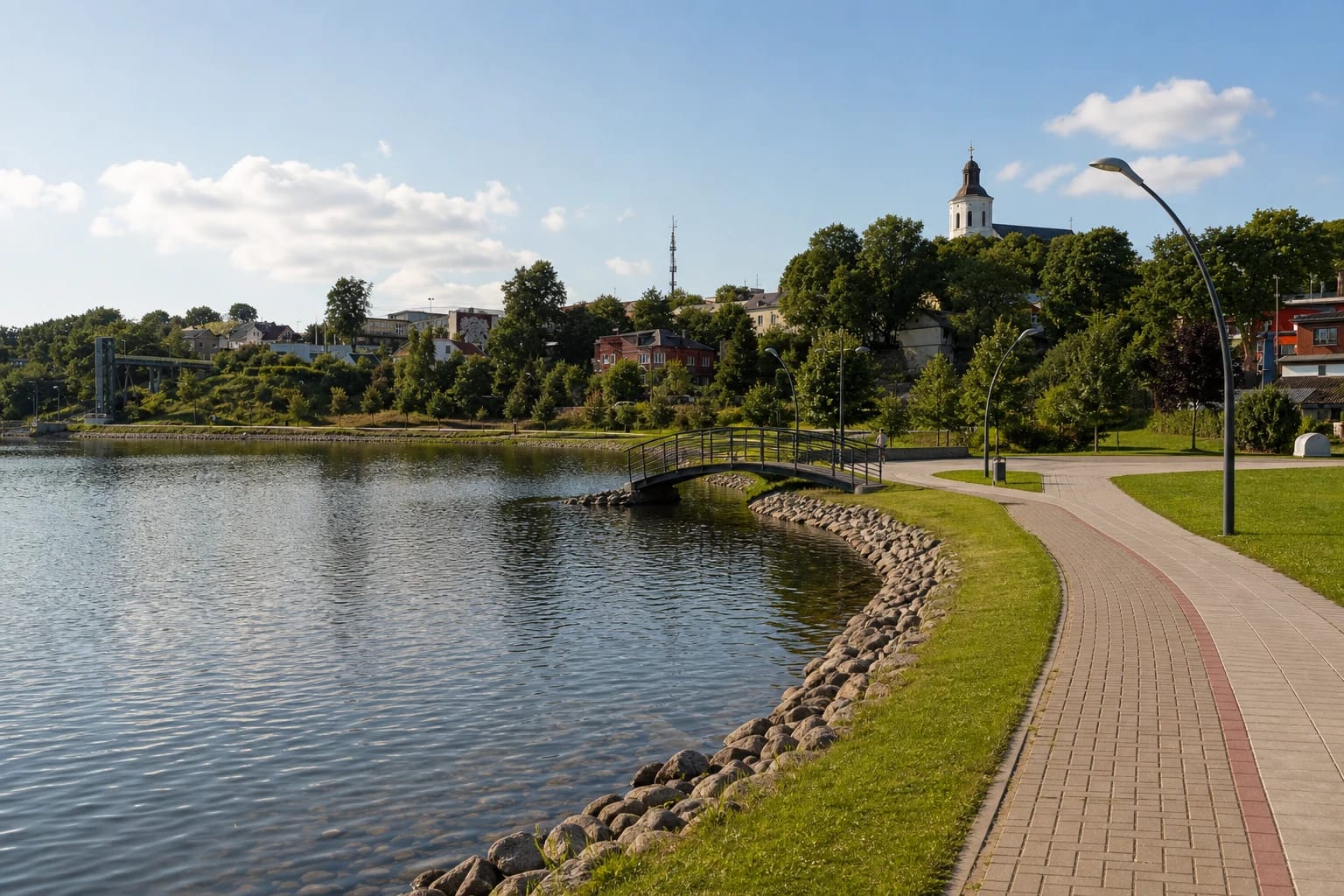 Stone-lined Lake Mastis shore with a curving promenade, a small footbridge, and a white Telšiai church tower rising above the trees
