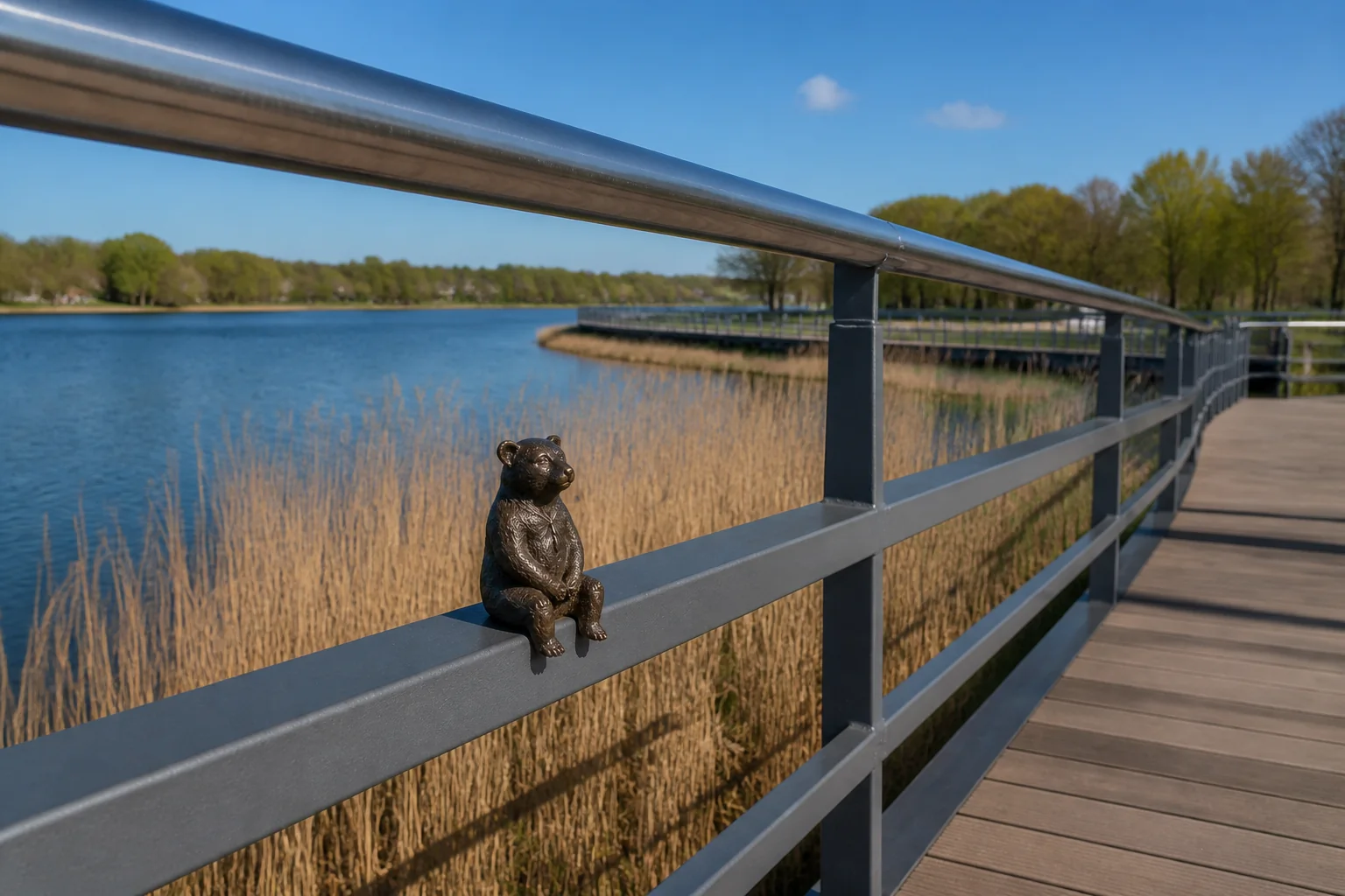 Original small bear sculpture on a timber footbridge beside calm Lake Mastis