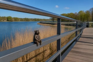 Original small bear sculpture on a timber footbridge beside calm Lake Mastis