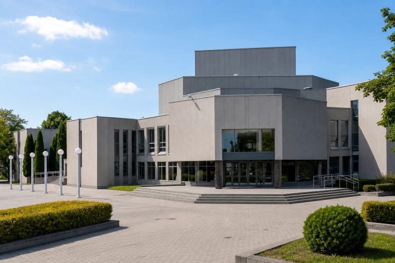 Mažeikių kultūros centro pastatas ir medžiais apsupta aikštė