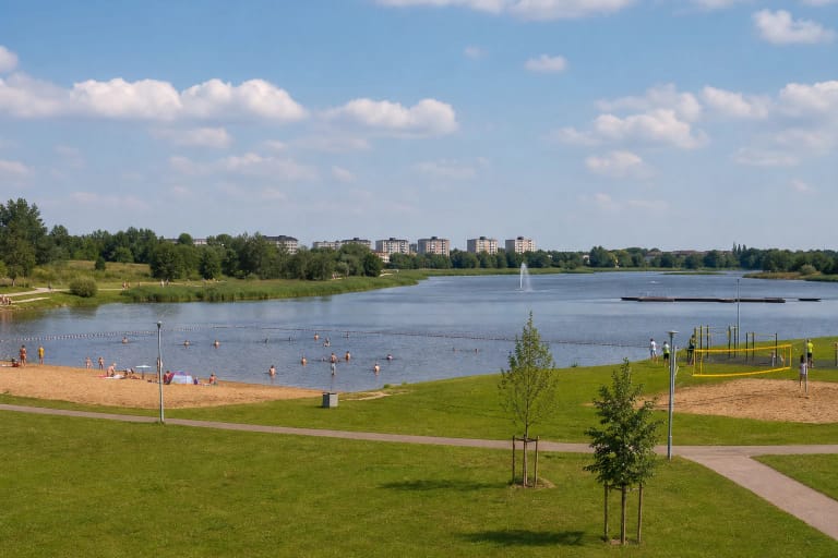 Mažeikių Pavenčių paplūdimio smėlio pakrantė, Venta, žalia sporto erdvė ir maudymosi zonos plūdurai