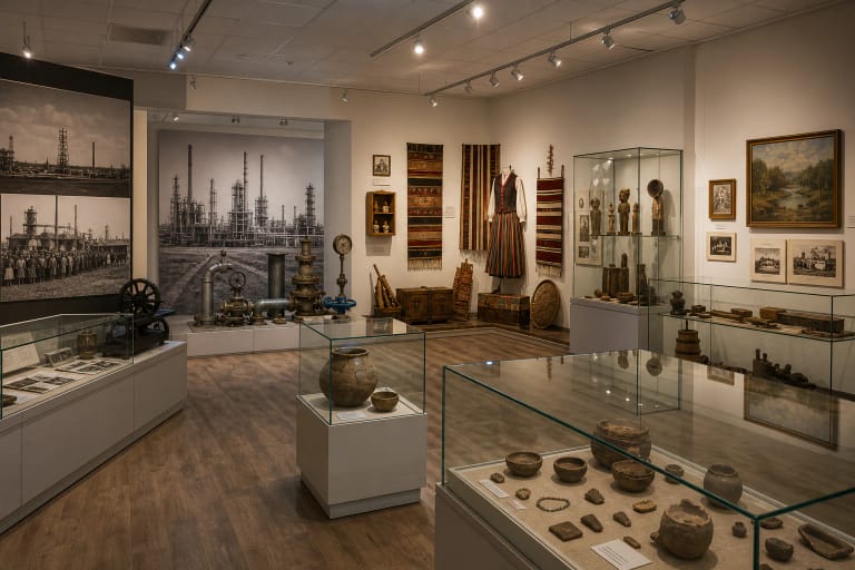 Mažeikių muziejaus ekspozicijų salė su archeologiniais radiniais, tautiniu kostiumu, audiniais ir pramonės istorijos fotografijomis