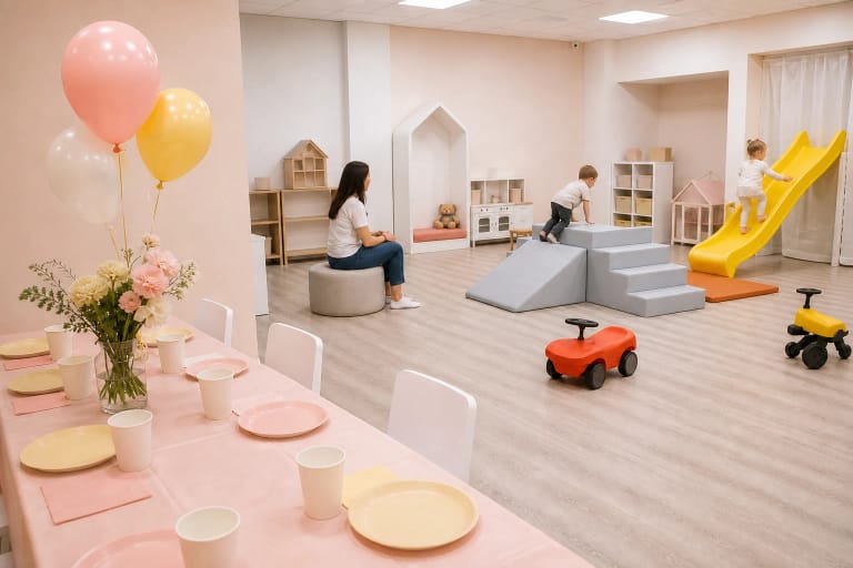 Children building a soft-block arch in the bright Mažųjų karalystė playroom while adults supervise