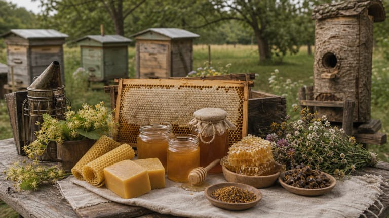 Lithuanian apiary with hives, honeycombs, honey jars, beeswax, propolis, bee bread, and flowering meadows