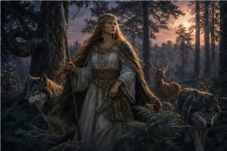 Medeina Žvorūna in Lithuanian mythology stands in a sacred forest with wolves and deer