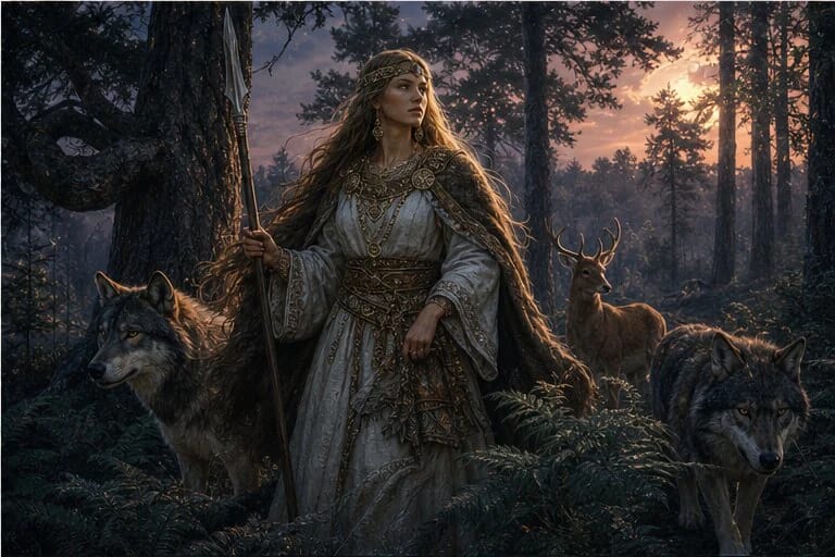 Medeina Žvorūna in Lithuanian mythology stands in a sacred forest with wolves and deer