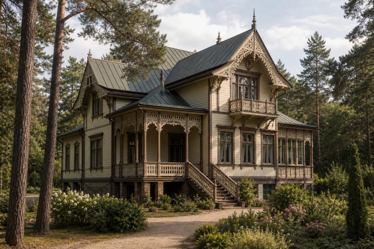 A Lithuanian resort wooden villa with a veranda, openwork wooden carving, large windows, pine trees, and a summer leisure atmosphere