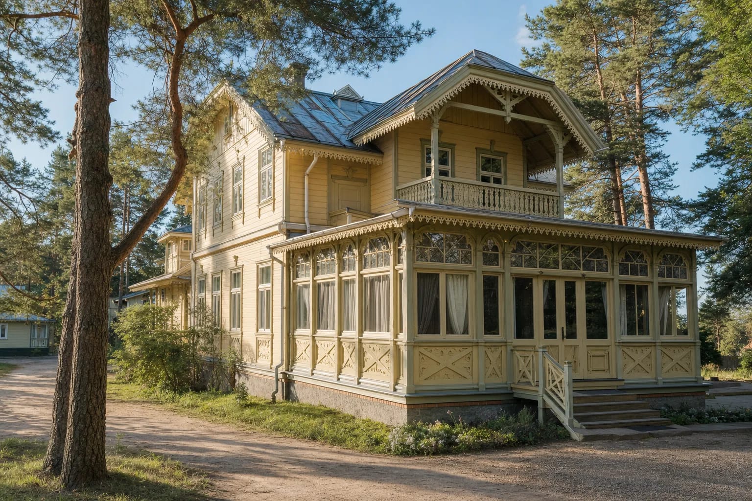 Wooden resort architecture stood out through verandas, balconies, and light ornament.