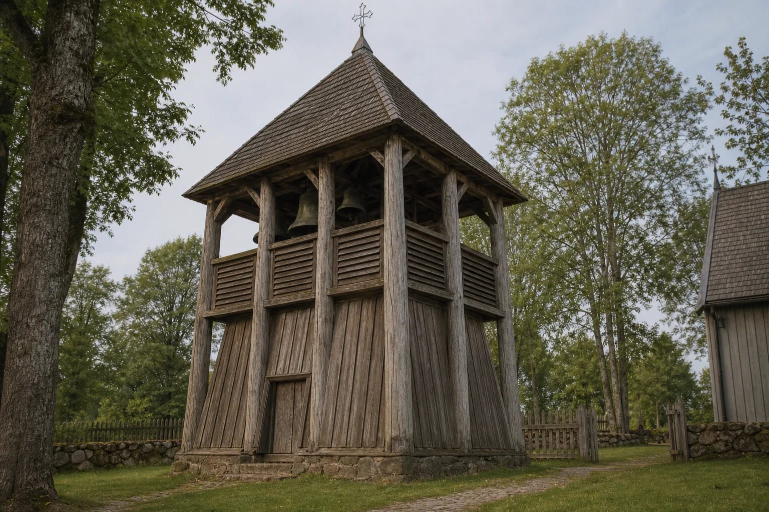 A detached wooden belfry was both a structural object and an ensemble accent.