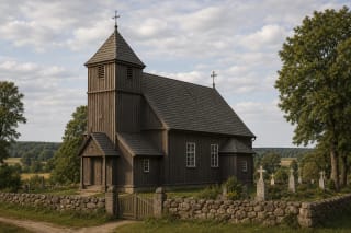 A Lithuanian wooden church with a high gabled roof, small tower, churchyard, wooden bell tower, and restrained facade