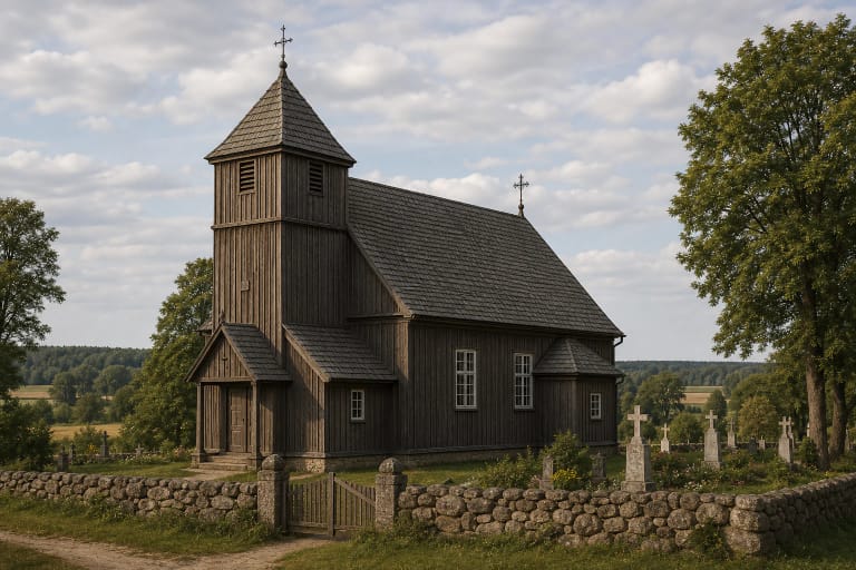 A Lithuanian wooden church with a high gabled roof, small tower, churchyard, wooden bell tower, and restrained facade