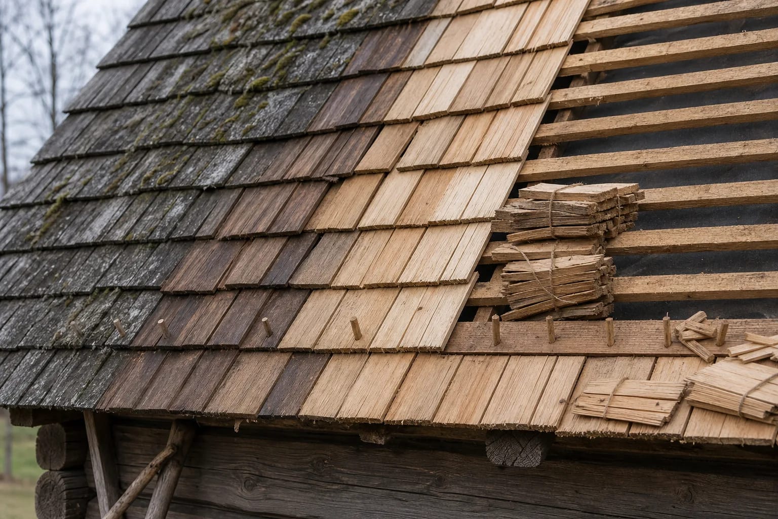 Wooden roof coverings are recognized by split pieces, overlap, and row rhythm.