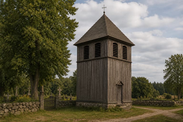 A traditional wooden bell tower in a churchyard with tower construction, open sound openings, a shingle roof, and a church in the background
