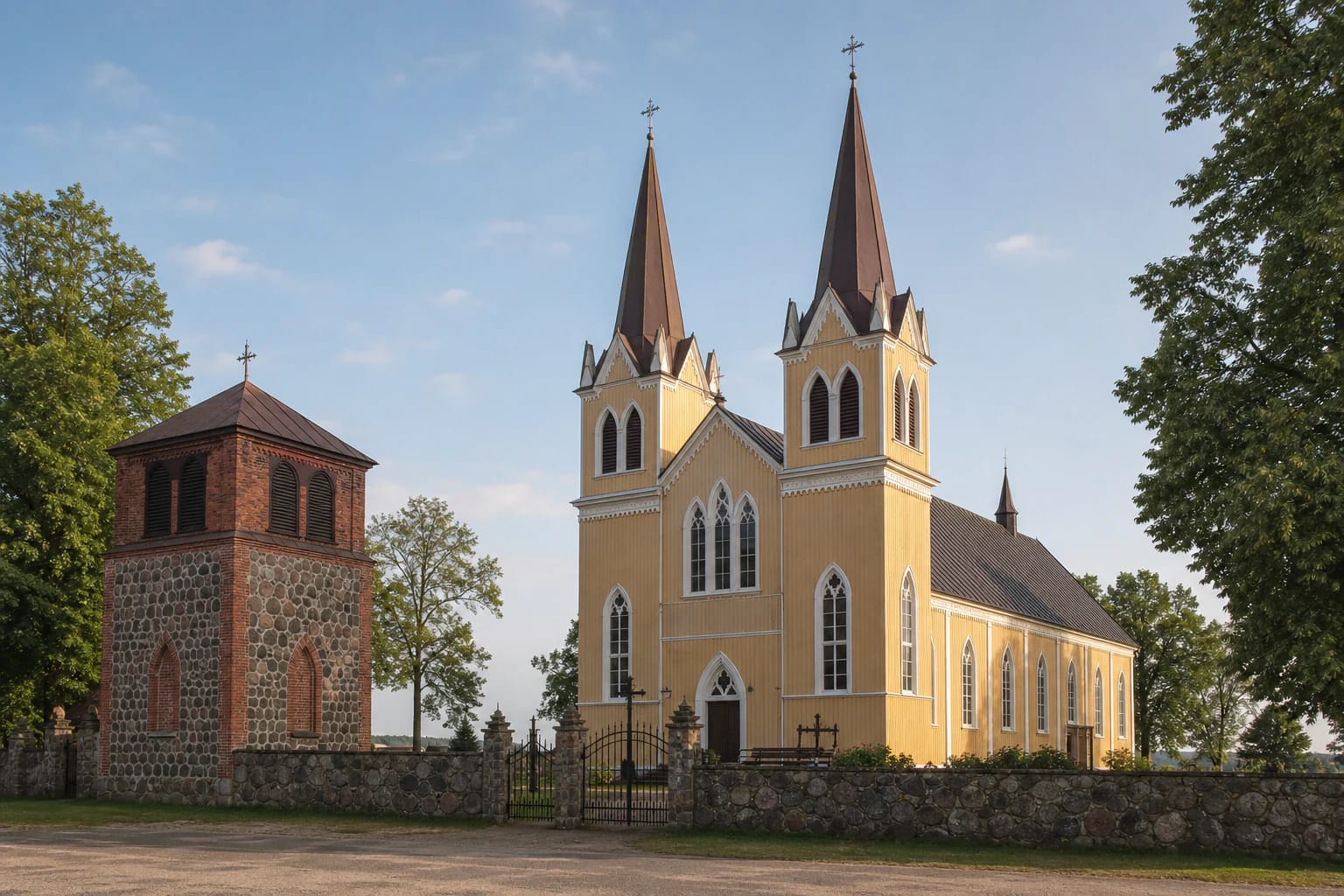 Yellow timber Church of the Holy Trinity in Medingėnai with two tall spires and a separate fieldstone-and-red-brick belfry