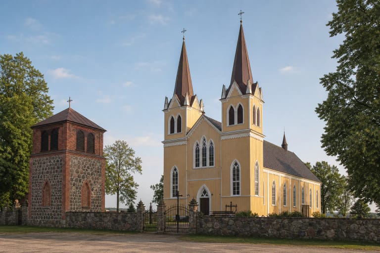 Geltona medinė Medingėnų Švč. Trejybės bažnyčia su dviem aukštomis smailėmis ir atskira akmens bei raudonų plytų varpine