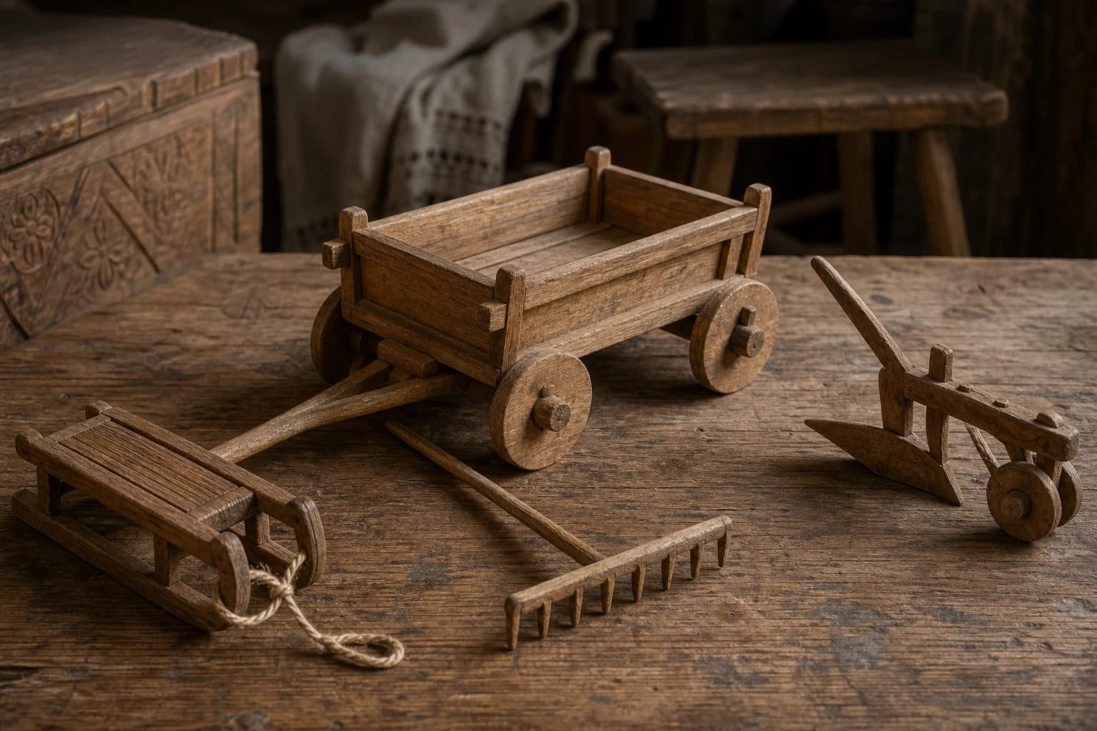 Wooden Toys visual detail with tools and materials typical of the craft