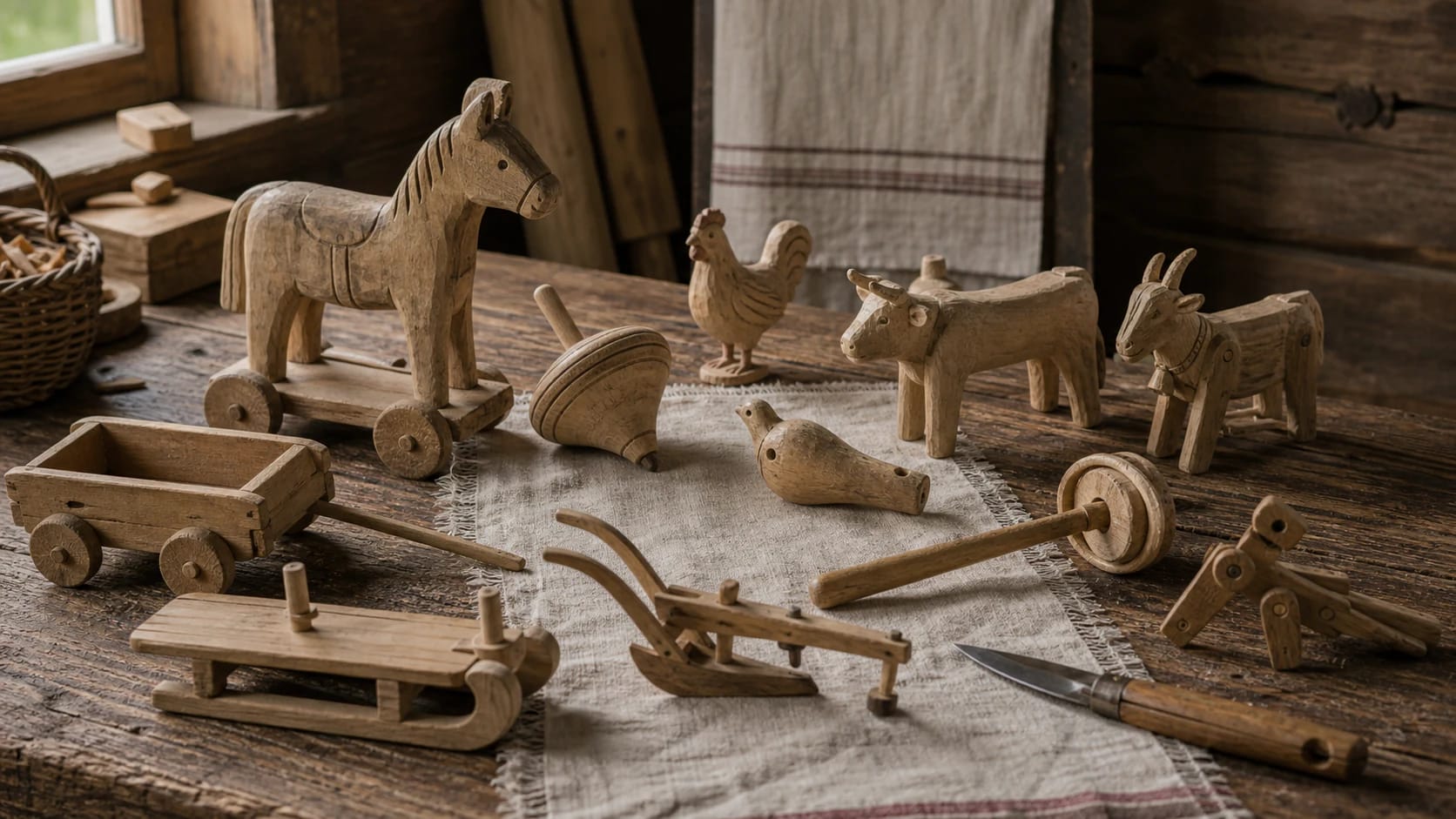 Lithuanian wooden toys: carved horse, cart, animals, whistle, rattle, spinning top, miniature plough, and shepherd child's knife