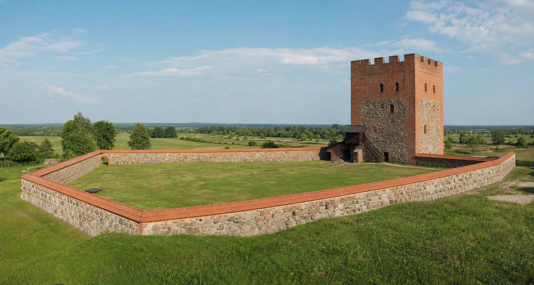 Red-brick donjon and fieldstone defensive walls of Medininkai Castle with green courtyard