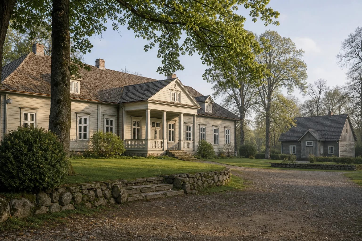 A wooden manor homestead joined a representative house, service buildings, and park.